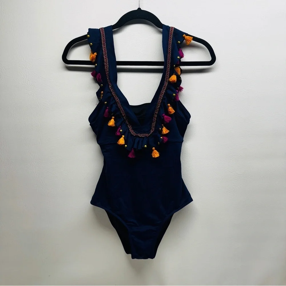 ONDA DE MAR Women’s size M Navy Swimsuit with Colorful Tassels